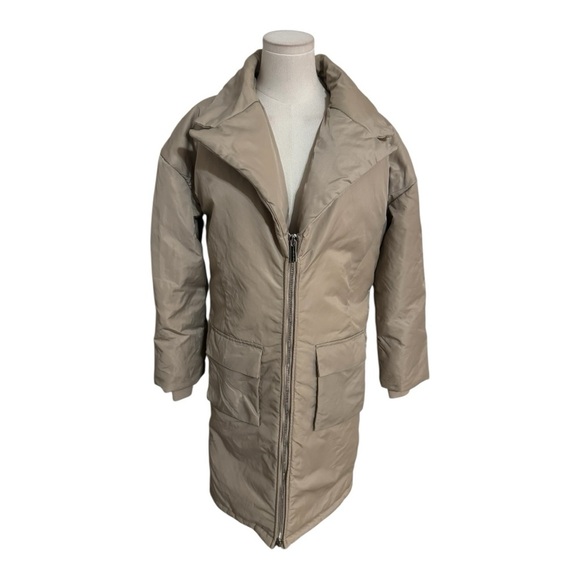 Maniere De Voir Women's Long Jacket Puffer 4 S M 6 8 Taupe Tan Cream Zipper Warm - Picture 3 of 11